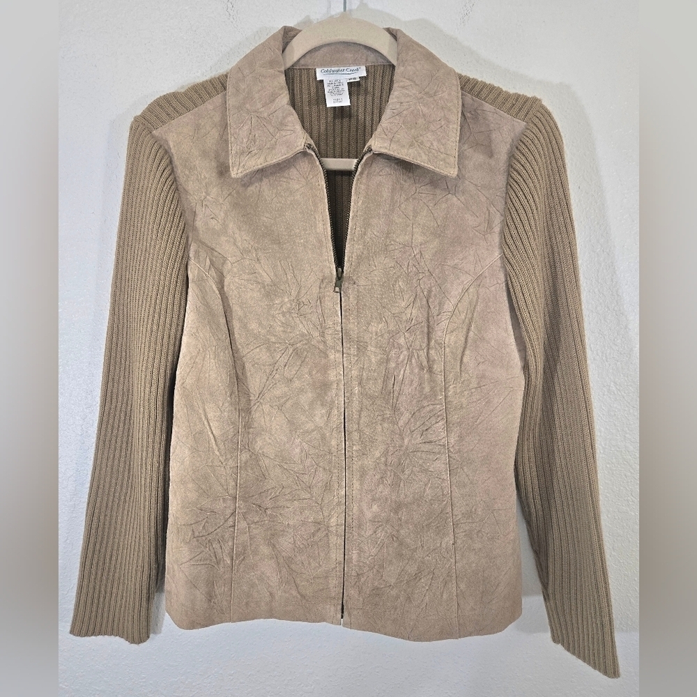 Coldwater Creek Tan Leather Wool Blend Zip Sweater Jacket Leaf Print, size PS